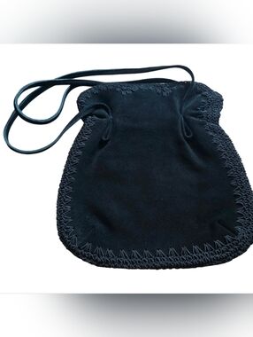 Vintage Walborg Black Suede Drawstring Shoulder Bag • Made in Japan • 60s 70s